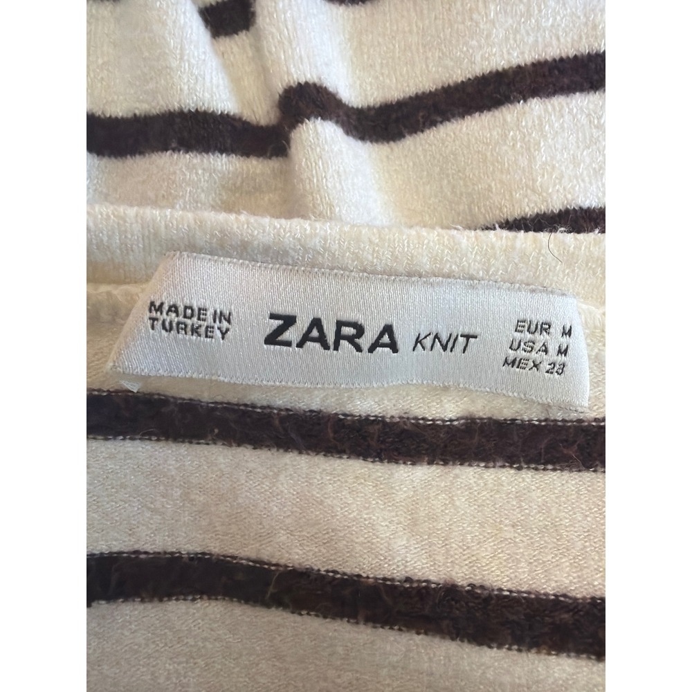 Zara Knit Striped Ruffle Shoulder Bell Sleeve Sweater Cream Brown Womens Medium - Picture 4 of 4